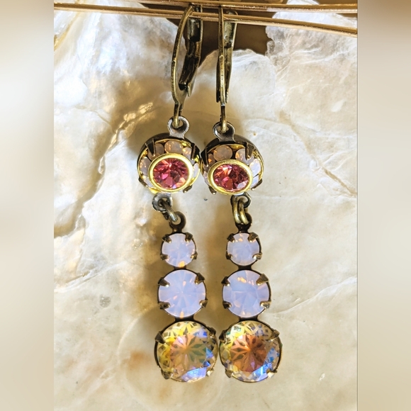 Pink Swarovski Crystal Flower Drop Dangle Earrings In Brass - Picture 4 of 6